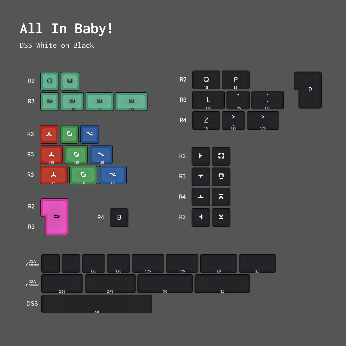 An arrangement of various colored keyboard keycaps in rows, predominantly in white, black, red, and green.